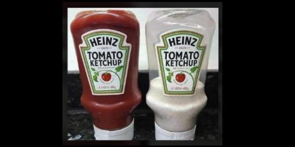 Refined sugar is in many products we consume. Picture shows amount of sugar in a bottle of ketchup.