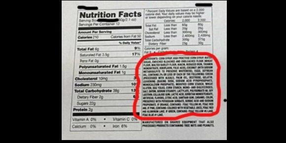 Food facts label on a box of food showing Ultra-processed ingredients