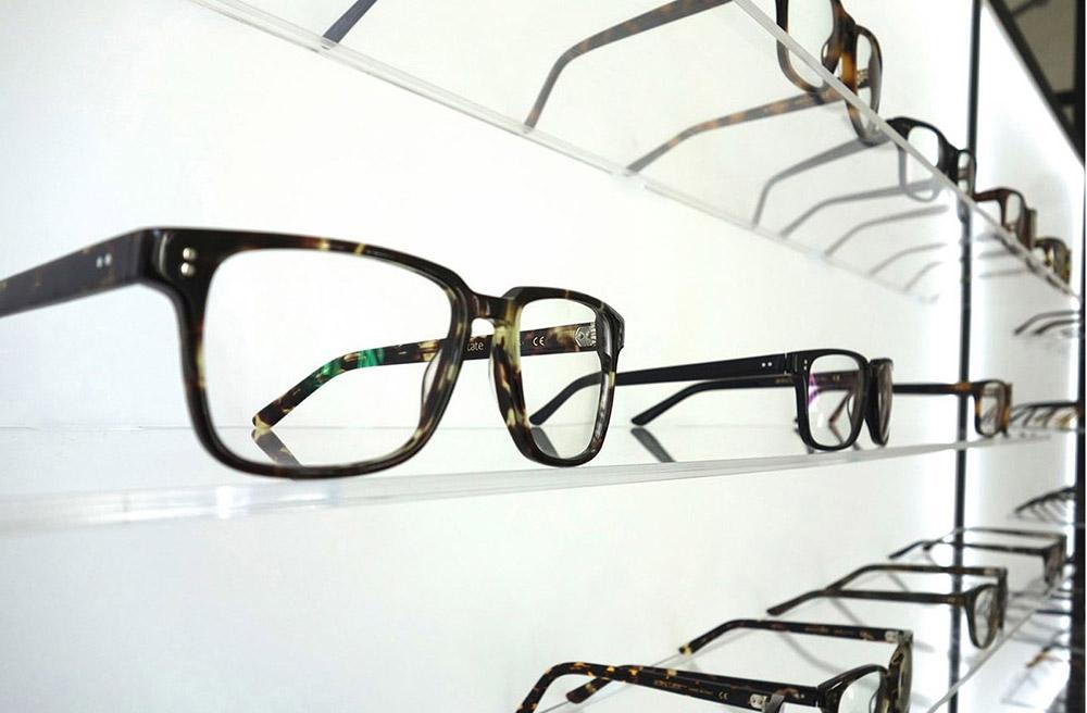 Eyeglasses on a rack