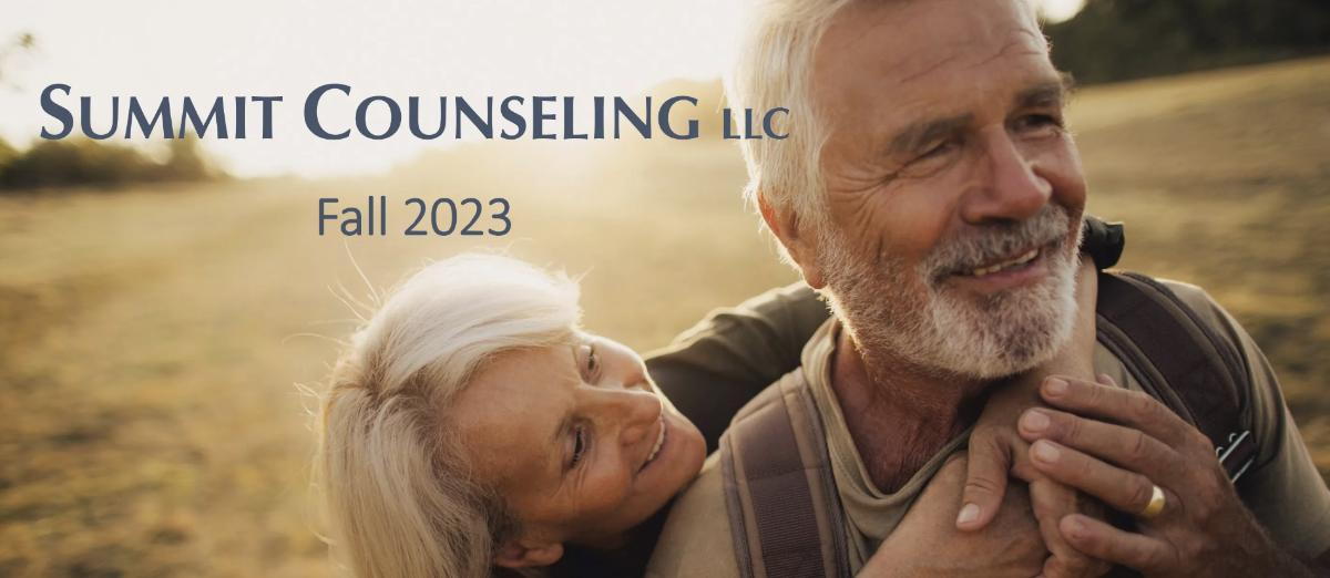 Older couple hugging in field for Summit Counseling Fall 2023 Newsletter