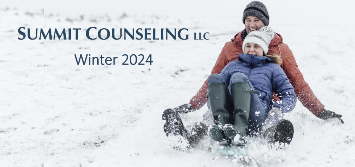 Women and man sledding down hill in winder for Summit Counseling winter 2024 newsletter