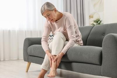 Woman holding his ankle feeling uncomfortalbkle on sofa.