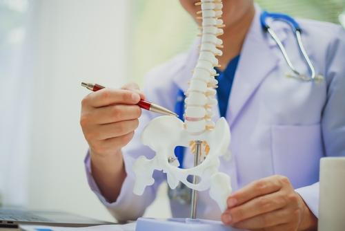 A pain management doctor using a spine model to explain spinal stenosis to a patient.