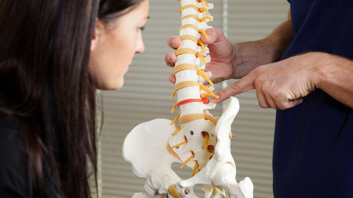 Doctor Pointing At A Spine Model