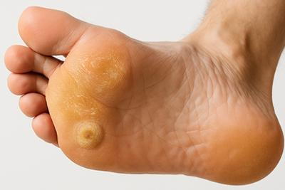 Foot showing thickened skin, corns, and calluses