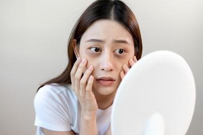 Woman looks stressed with lack of sleep in mirror