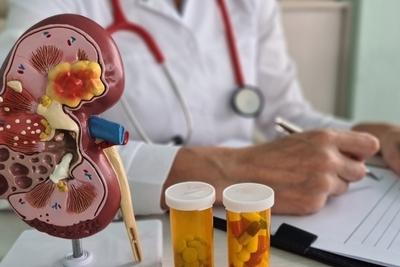 Nephrologist with kidney model and doctor on background.