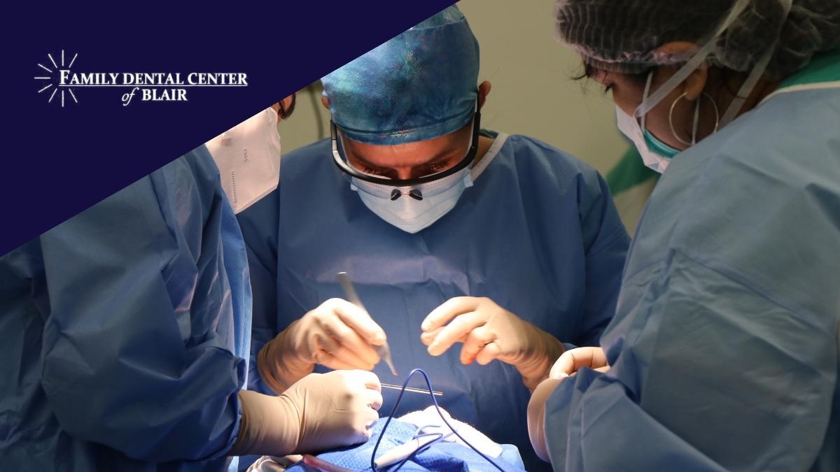 Two photos of dental professionals placed side-by-side, with a black diagonal line separating them. The left picture is a female dentist examining the teeth of a female patient, while the right picture is a male oral surgeon operating on a patient with th