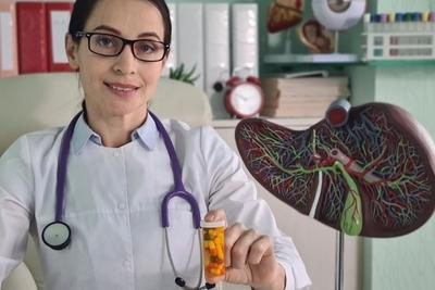 Doctor holding a meds with liver model on front