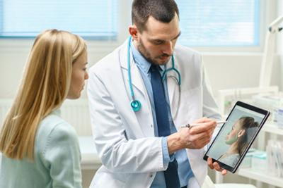 Doctor explaining skin condition on tablet.