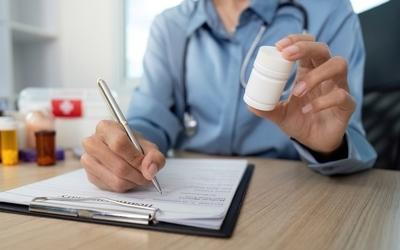 Person sorting out the medication and writing in notes