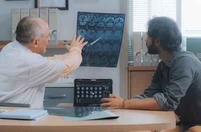 Doctor discussing the x-ray result in patient on clinic.