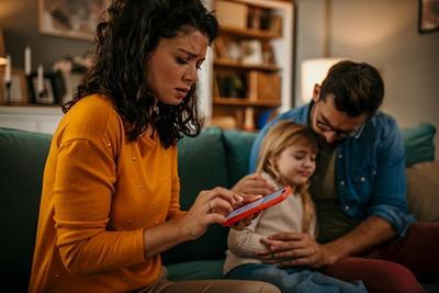 Parents seeking medical advice, mother calling pediatrician and father comforting sick child