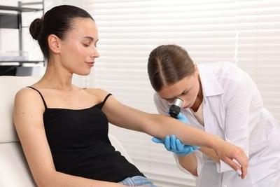 Doctor examining patient’s arm with dermatoscope during skin exam