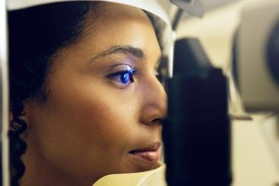 Woman in eye exam on clinic