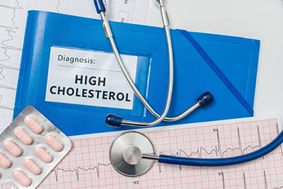 Stethoscope-Blue-Folder-and-High-Cholesterol-Inscription