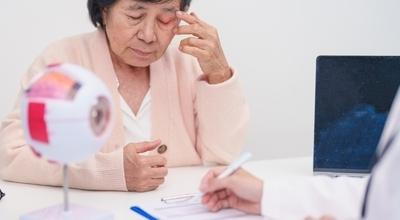 Senior woman with the note in doctor and eye model
