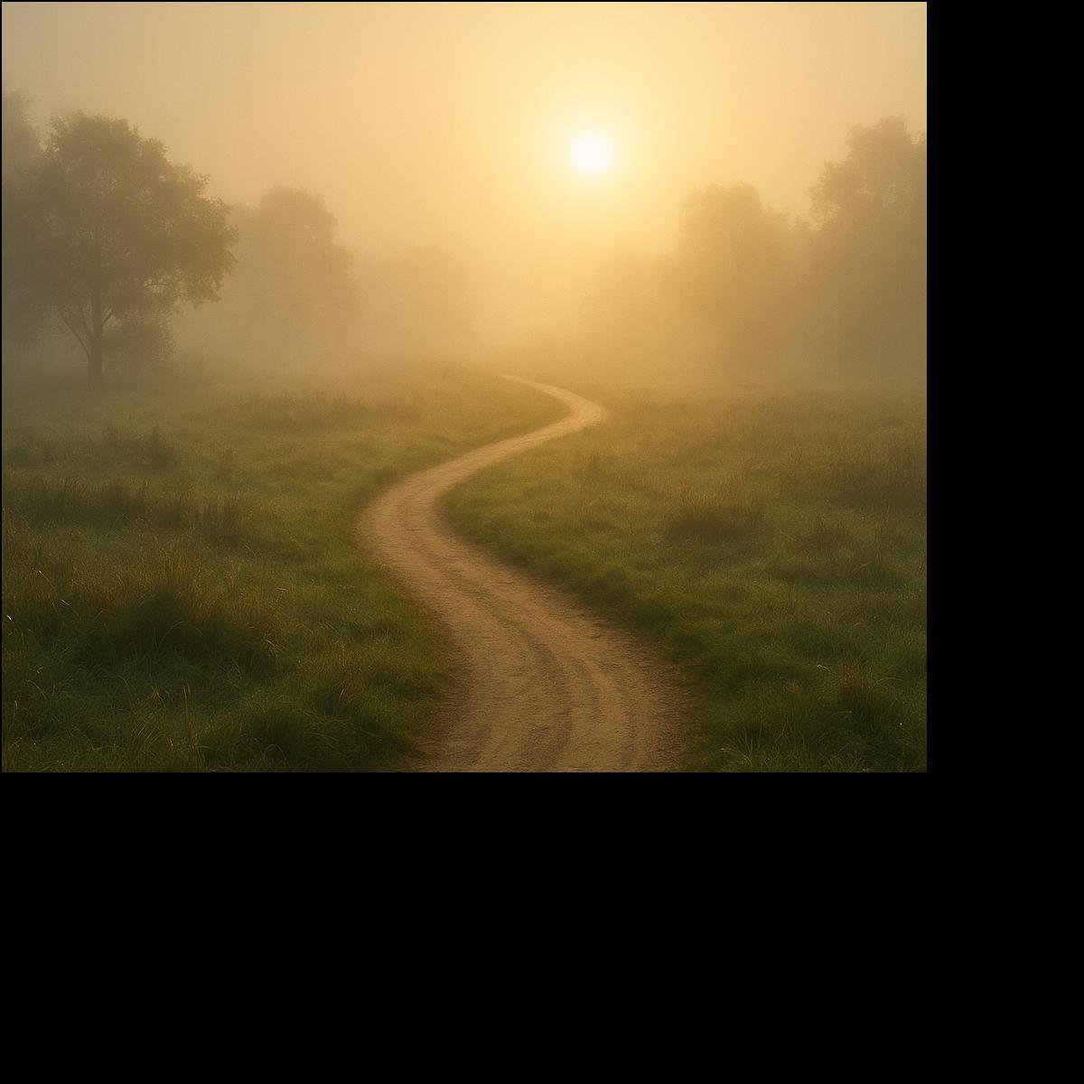 A winding dirt trail through a grassy field. Trees in the hazy sunlit background.