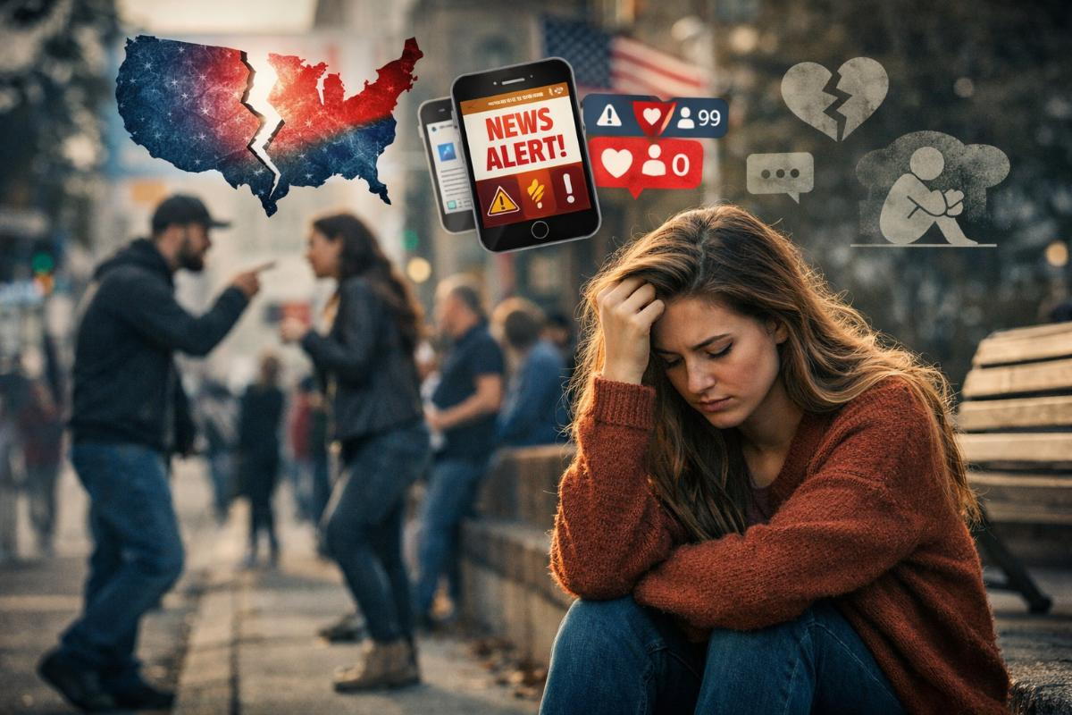 A visibly distressed woma sitting on a curb with her hand on her forehead. Two people aguing in the background. Graphics of a divided U.S., a news alert on a phone, a broken heart, and other things.