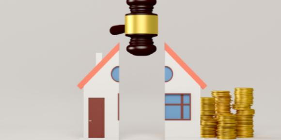 Drawing of a house split in half with a gavel; money is on one side
