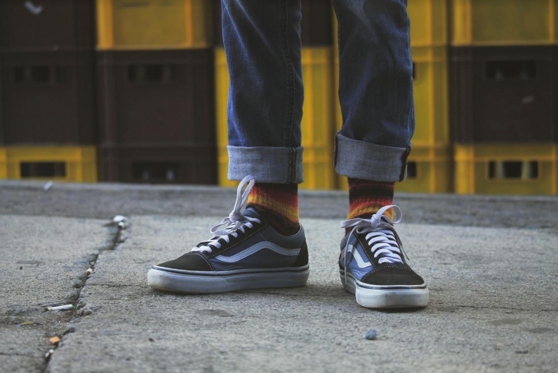 Grey high top shop vans on feet