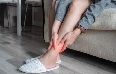 Person holding his ankle in pain with red highlights.