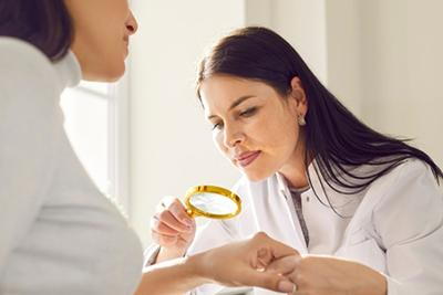 Doctor-inspects-patient's-skin-with-magnifier.