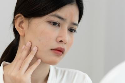 Young woman touching irritated cheek from seasonal dry skin