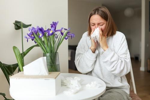 A woman at home experiencing post-nasal drip and discomfort caused by pollen allergy.