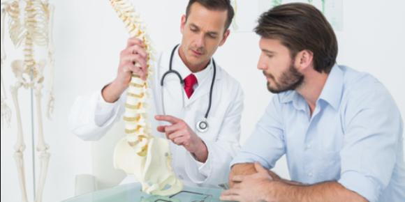 Man in white coat pointing at spine diorama and explaining something to man in blue shirt