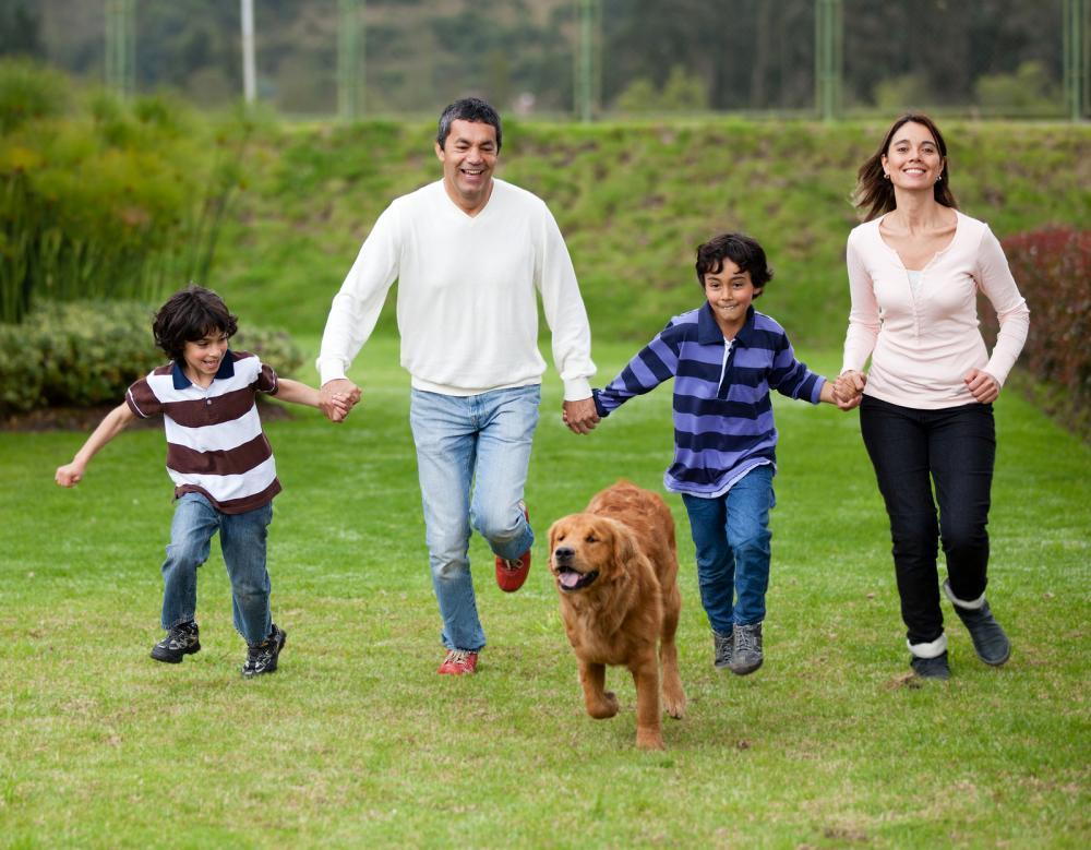 Family running outside with their dog.