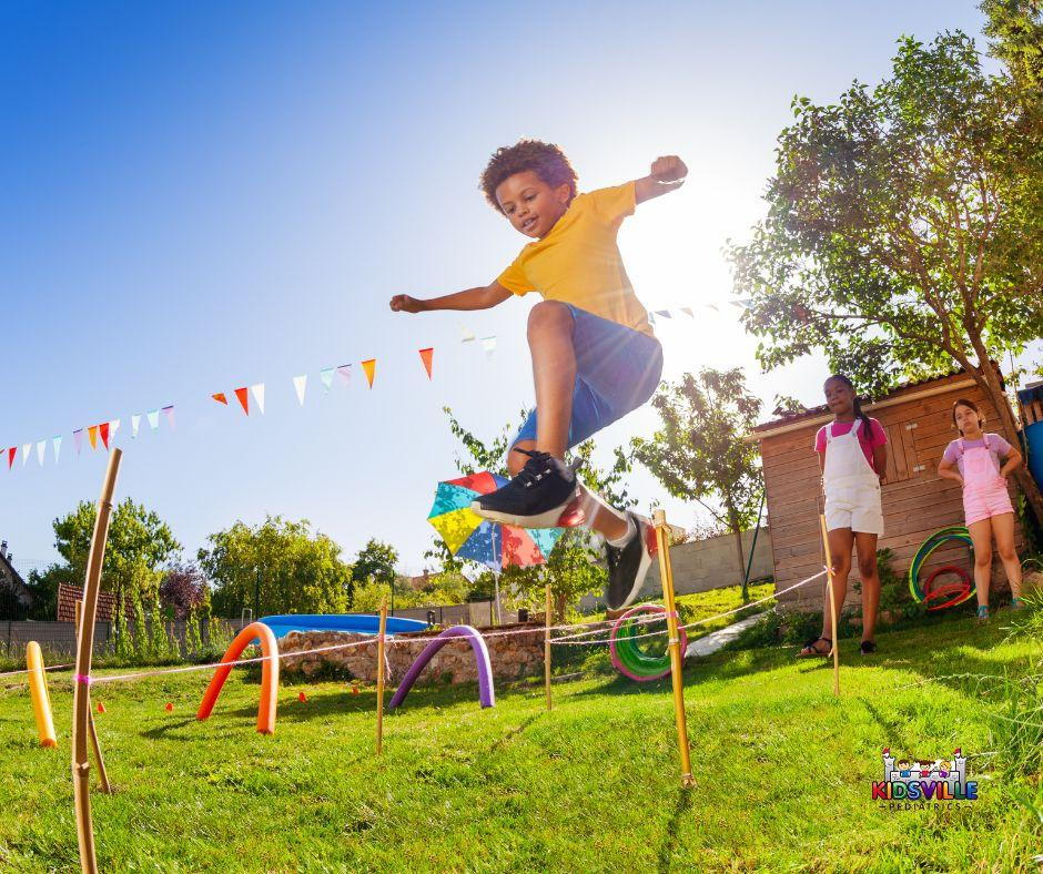 A boy leaping over a fence in a backyard, displaying his agility and adventurous spirit.