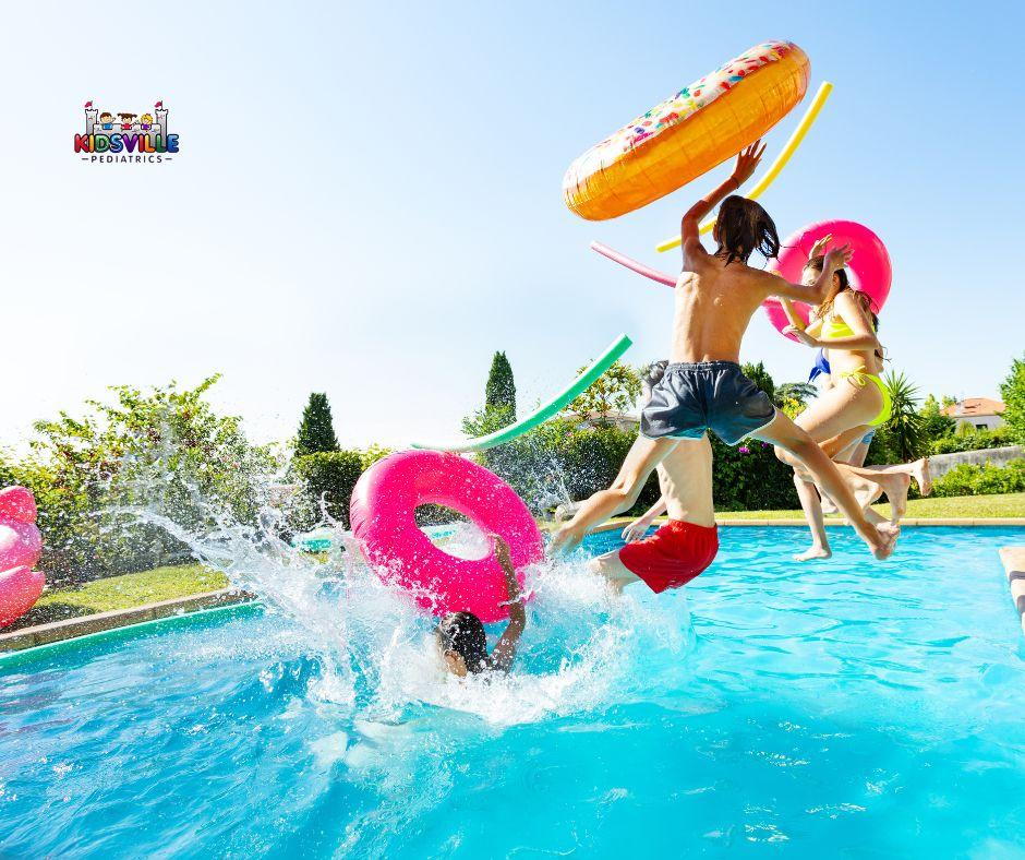 A vibrant scene of kids joyfully leaping into a pool, surrounded by colorful rings.