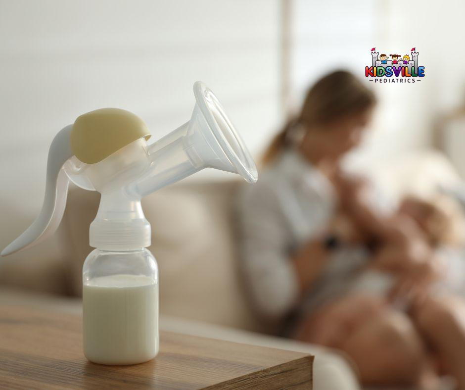 Woman nurturing her infant through breastfeeding, on the foreground is a bottle of pumped breast milk.