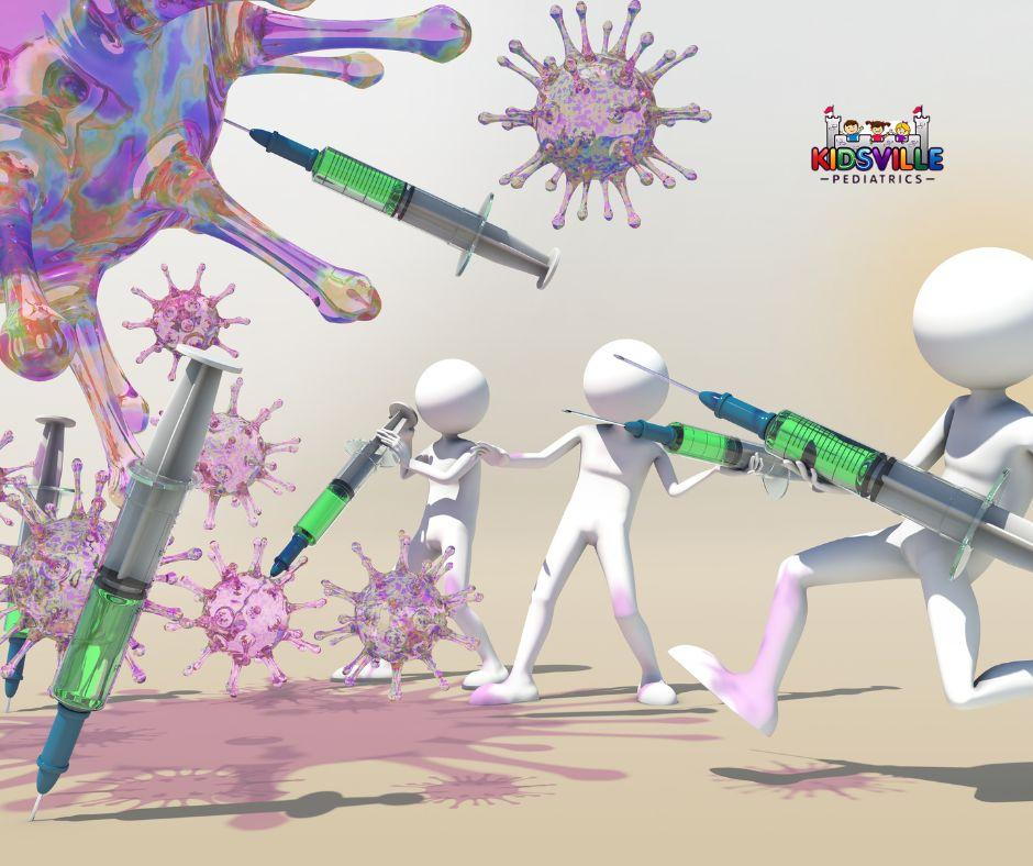 3D people running with syringes and a virus: Illustration of individuals sprinting with syringes, symbolizing urgency in combating a virus outbreak.