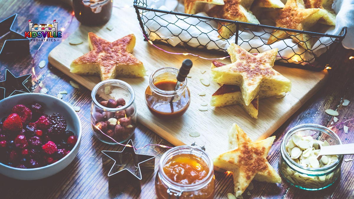 Star-shaped wheat bread with spread options.