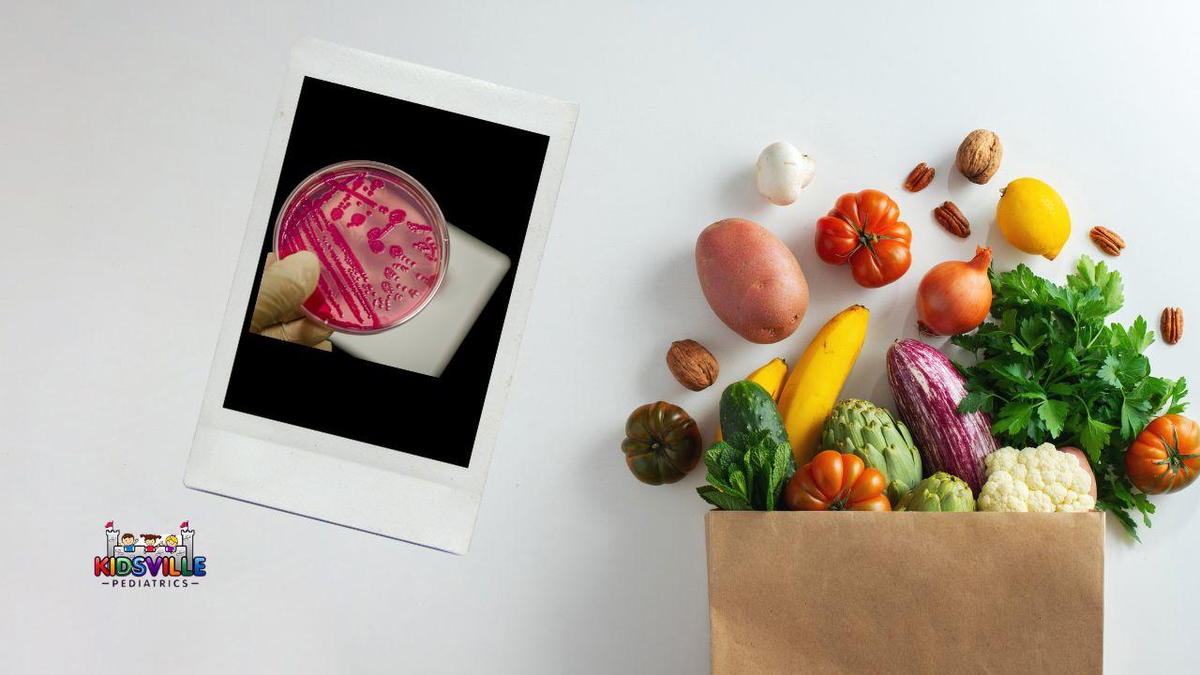 A paper bag holding an assortment of fresh veggies.