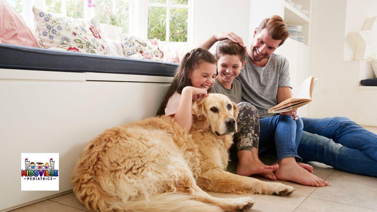 A family sitting on the floor with a dog, enjoying quality time together at home.