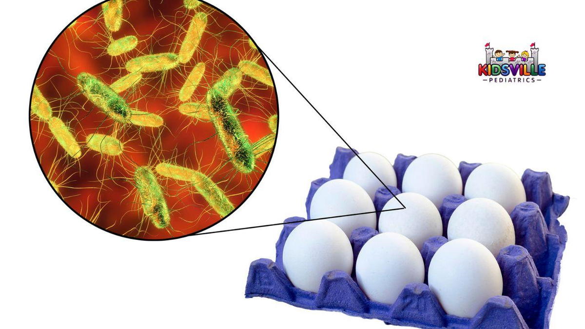 Eggs in carton with bacteria illustration.