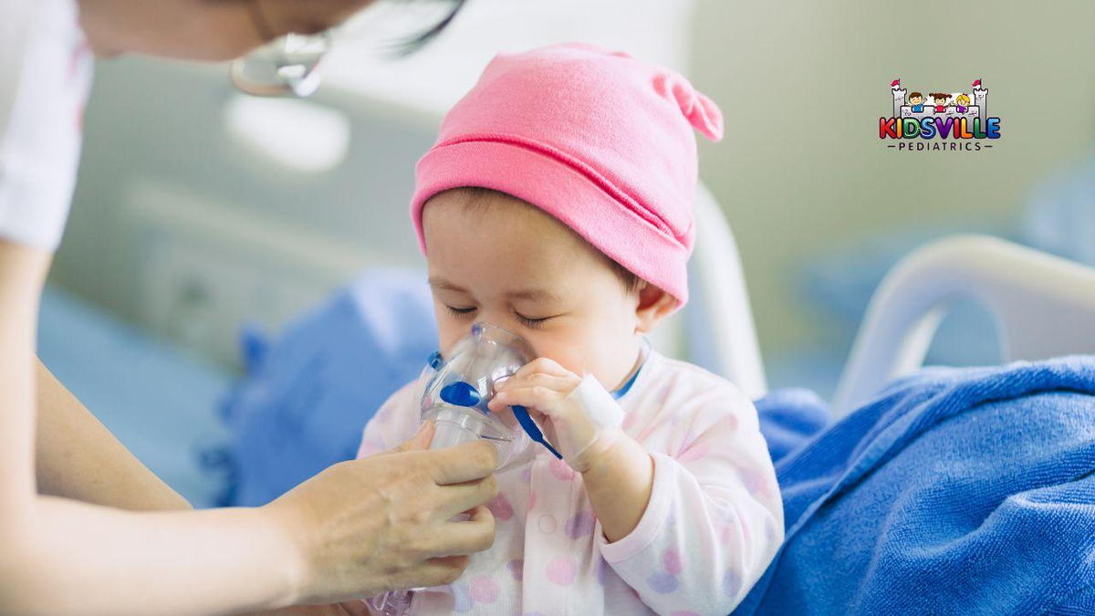 Infant receiving oxygen therapy through a mask in a medical setting.