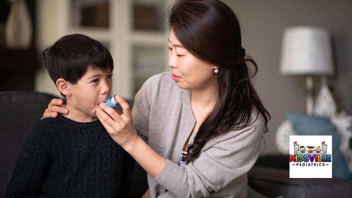 A mother helping her son with an inhaler.