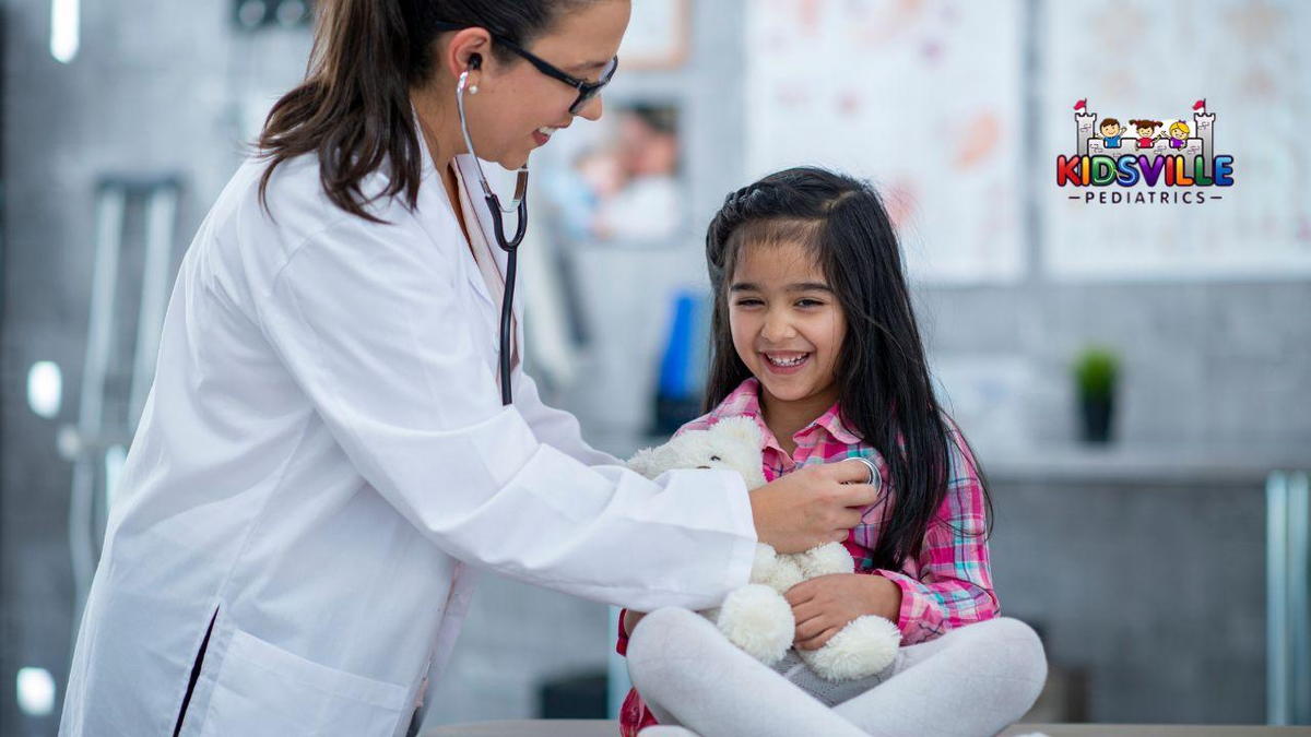 A young girl receives a medical examination from a doctor in a clinical setting, showcasing attentive care and professionalism.