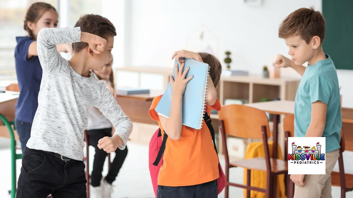 Young kids physically bullying a smaller child in a classroom setting.