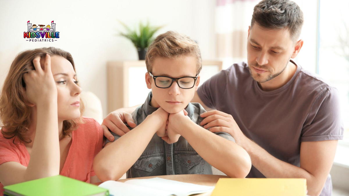 A man and woman sit at a table, engaged in conversation with a child between them, creating a warm family atmosphere.