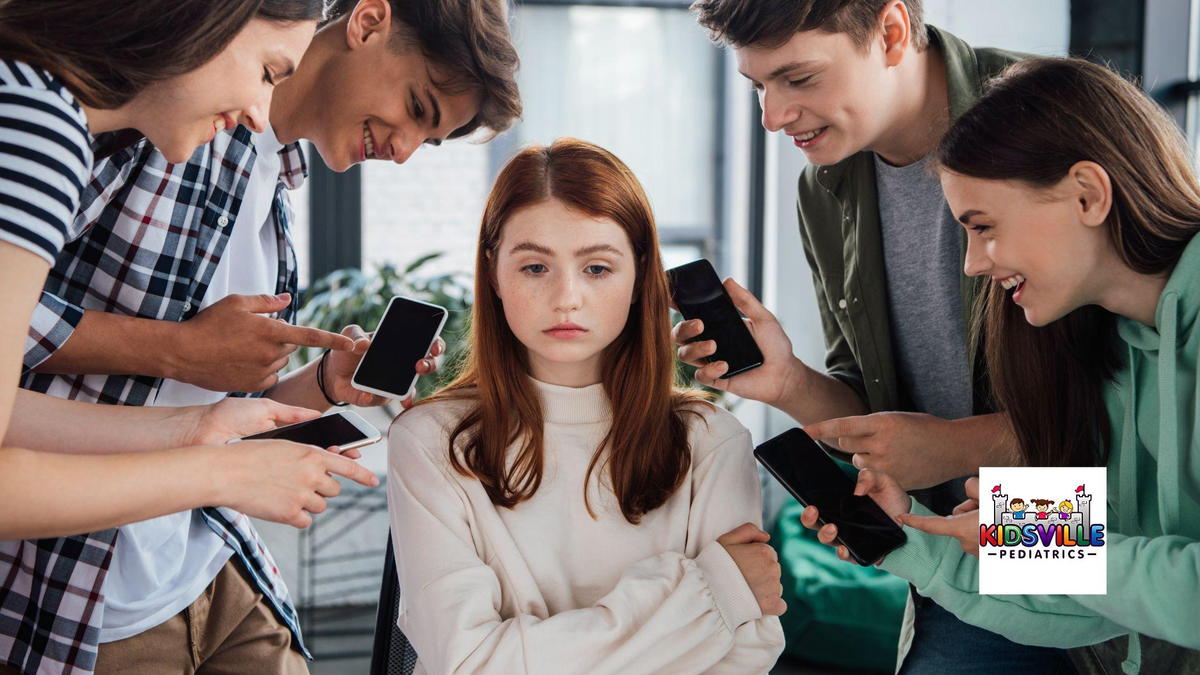 A gathering of young people focused on their phones, immersed in cyber bullying a young woman in their midst.