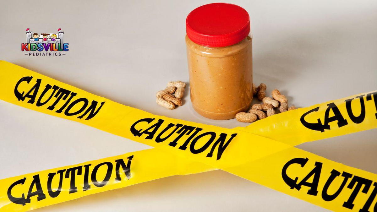 A jar of peanut butter surrounded by actual peanuts with yellow tapes reading, 