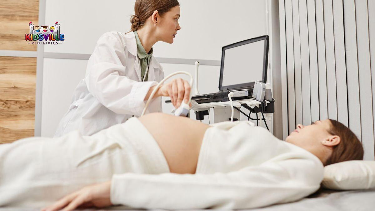 A pregnant woman lies on a bed as a doctor conducts a medical examination, ensuring her health and well-being.