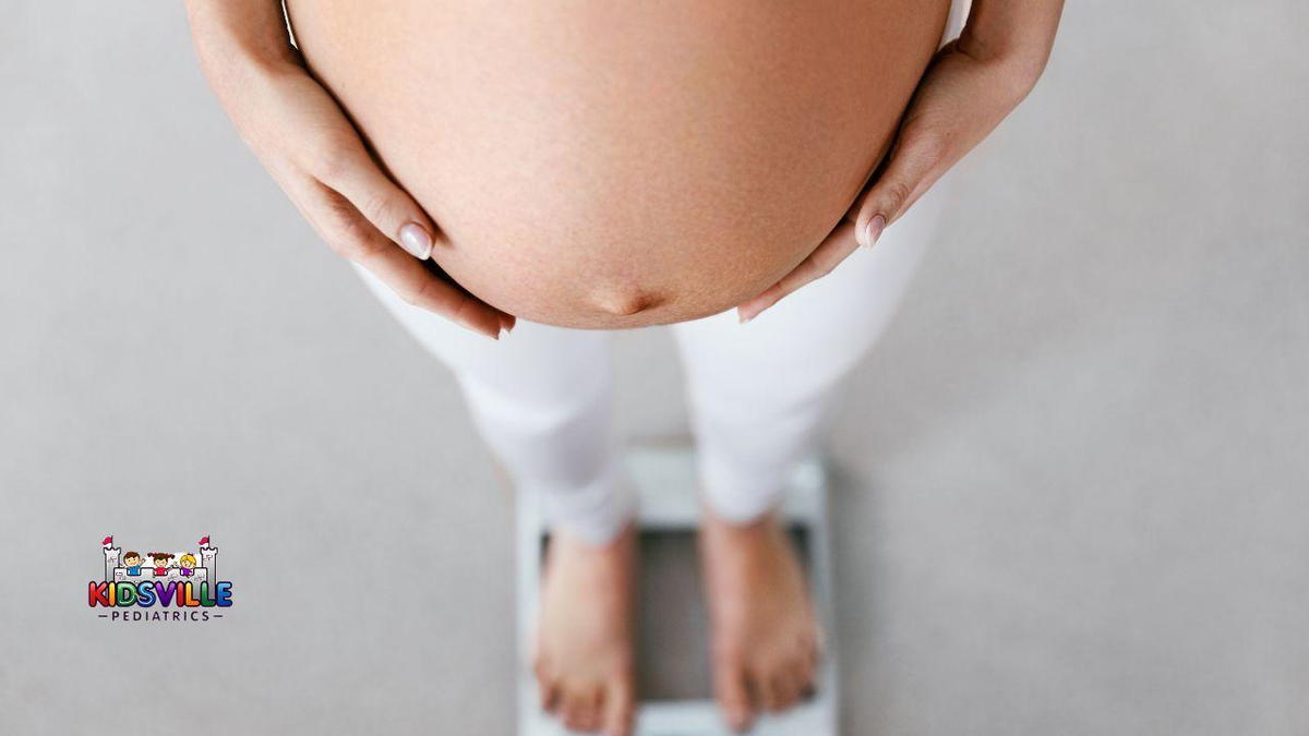 A pregnant woman stands on a scale, monitoring her weight during her pregnancy journey.