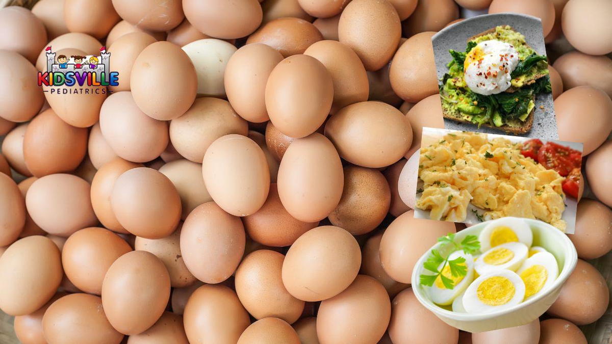 A collage of egg recipes with eggs as background.