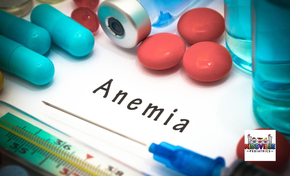 Visual representation of anemia surrounded by tablets, capsules, a syringe, and medical vials.